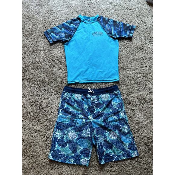 LANDS END size XL Boys SWIM TRUNKS Swimsuit & RON JON RASH-GUARD Shirt UPF G24